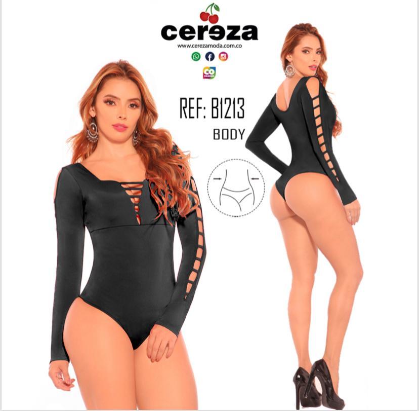 Body Colombiano con Diseño Reductor, Mangas Largas, Color Negro y Marca CEREZA